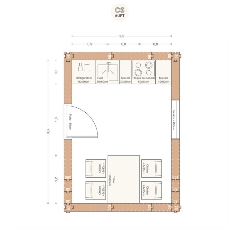 Plan cuisine 9m2 lineaire avec table 4 personnes 2. 5 x 3. 6 m