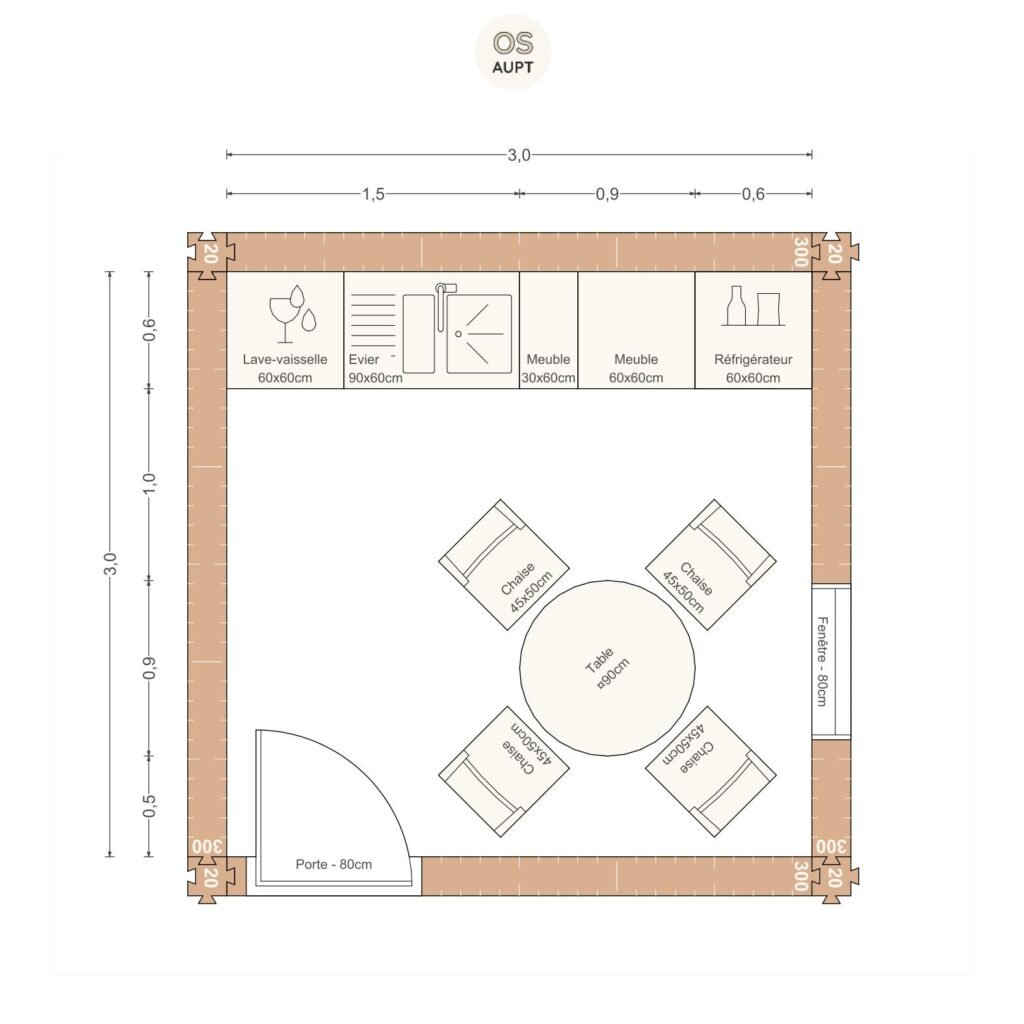 Plan cuisine 9m2 lineaire avec table ronde 4 personnes 3. 0 x 3. 0 m