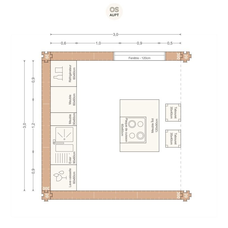 Plan cuisine 9m2 ouverte lineaire avec ilot central 3. 0 x 3. 0 m