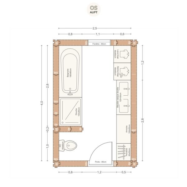 Plan salle de bain 10m2 avec baignoire 180cm douche 100cm wc et lave linge 2. 5 x 4. 0 m