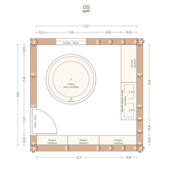 Plan salle de bain 10m2 avec baignoire ronde 160cm 3. 2 x 3. 2 m