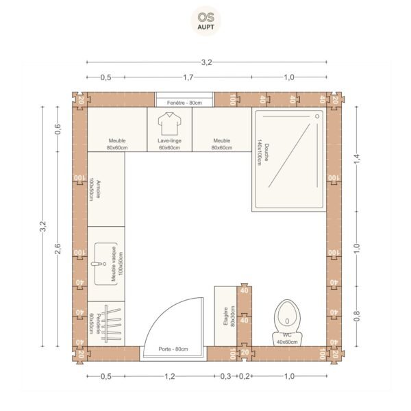 Plan salle de bain 10m2 avec douche 140cm wc et lave linge 3. 2 x 3. 2 m