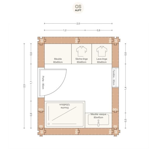 Plan salle de bain 5m2 avec douche 120cm et espace buanderie 2. 0 x 2. 5 m
