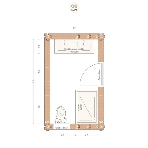 Plan salle de bain 5m2 avec douche 120cm et wc en parallele 1. 7 x 3. 0 m