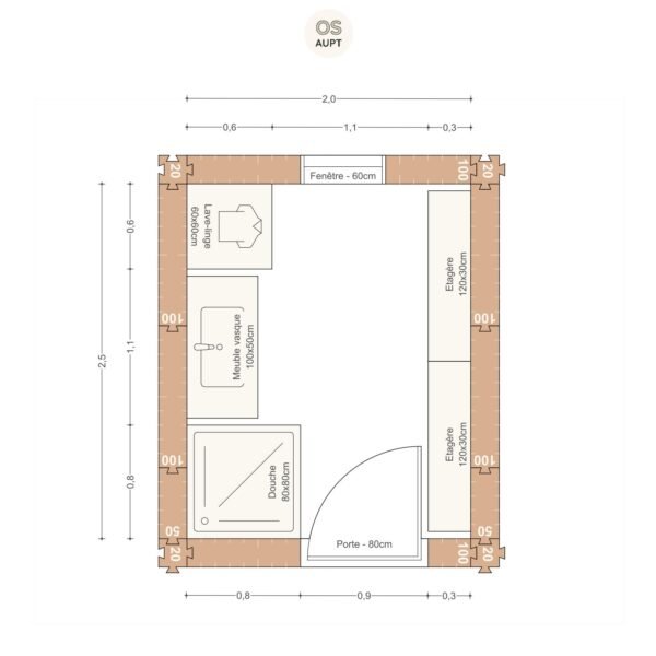 Plan salle de bain 5m2 avec douche 80cm et lave linge 2. 0 x 2. 5 m