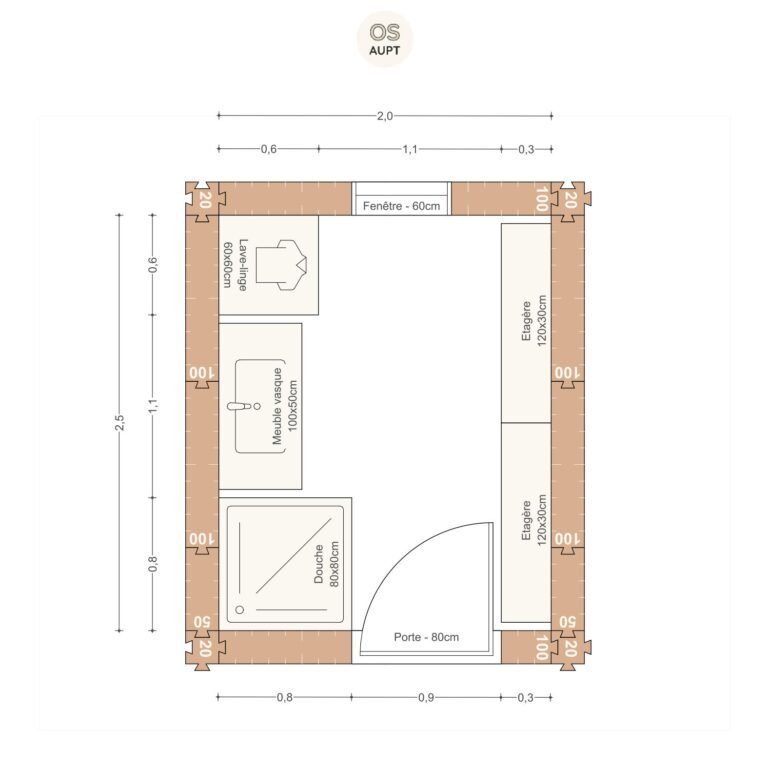 Plan salle de bain 5m2 avec douche 80cm et lave linge 2. 0 x 2. 5 m