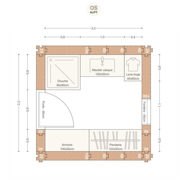 Plan salle de bain 5m2 avec douche 80cm et penderie 2. 2 x 2. 2 m