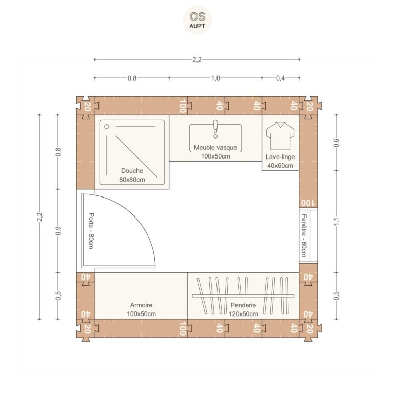 Plan salle de bain 5m2 avec douche 80cm et penderie 2. 2 x 2. 2 m
