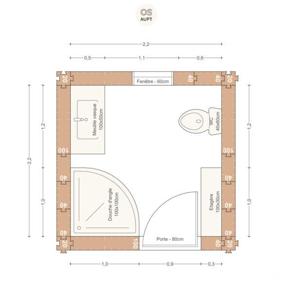 Plan salle de bain 5m2 avec douche en angle 100cm et wc 2. 2 x 2. 2 m
