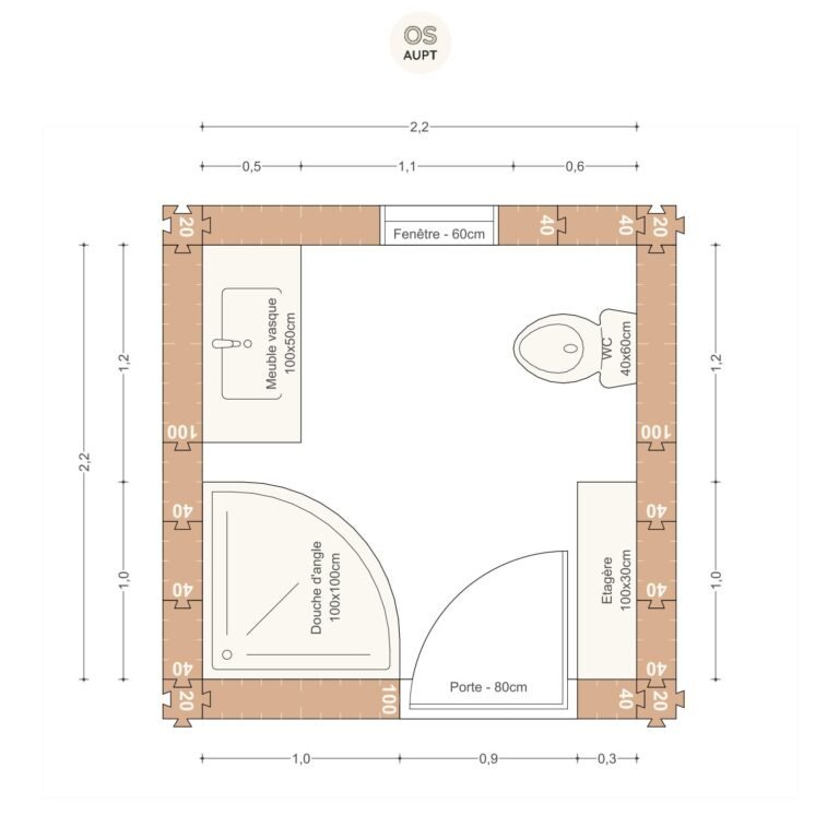 Plan salle de bain 5m2 avec douche en angle 100cm et wc 2. 2 x 2. 2 m