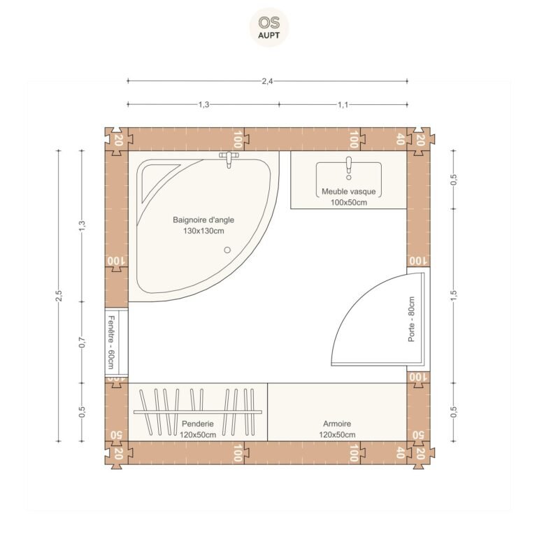 Plan salle de bain 6m2 avec baigne en angle 130cm et dressing 2. 4 x 2. 5 m