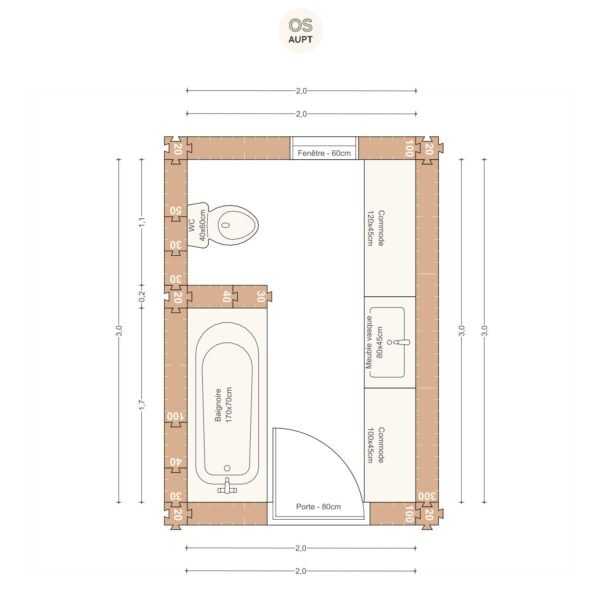 Plan salle de bain 6m2 avec baignoire 170cm et wc 2. 0 x 3. 0 m