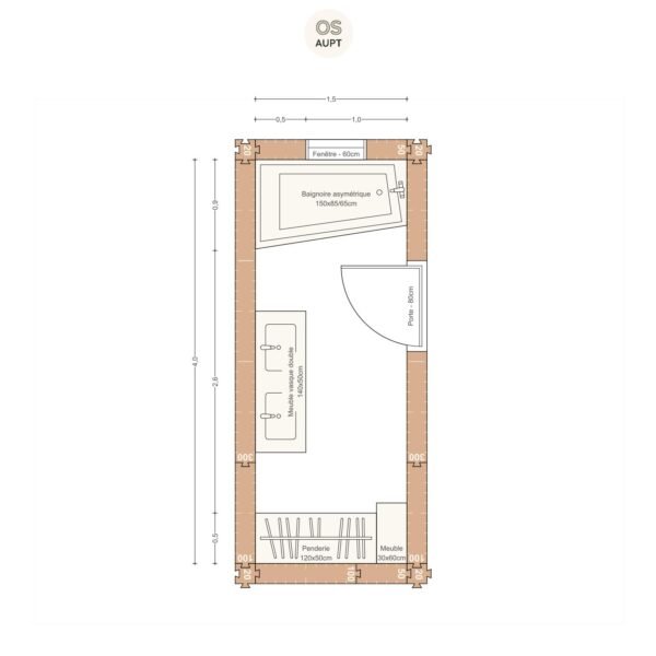 Plan salle de bain 6m2 avec baignoire asymetrique 150cm et penderie 1. 5 x 4. 0 m