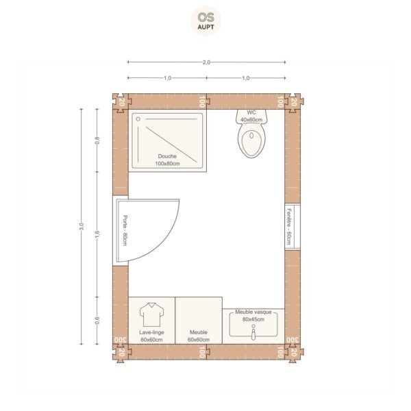 Plan salle de bain 6m2 avec douche 10cm wc et lave linge 2. 0 x 3. 0 m