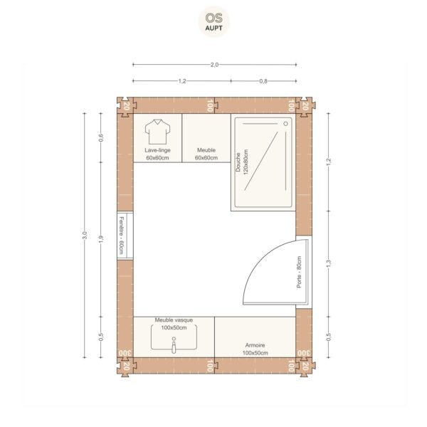 Plan salle de bain 6m2 avec douche 120cm et lave linge 2. 0 x 3. 0 m