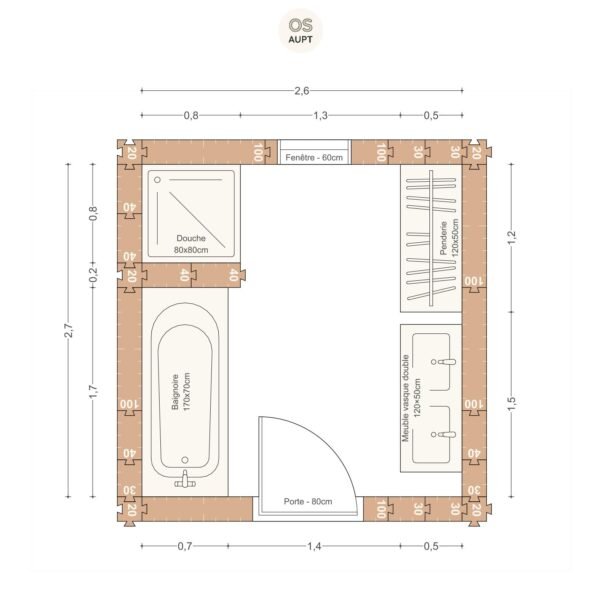 Plan salle de bain 7m2 avec baignoire 170cm douche 80cm et penderie 2. 6 x 2. 7 m