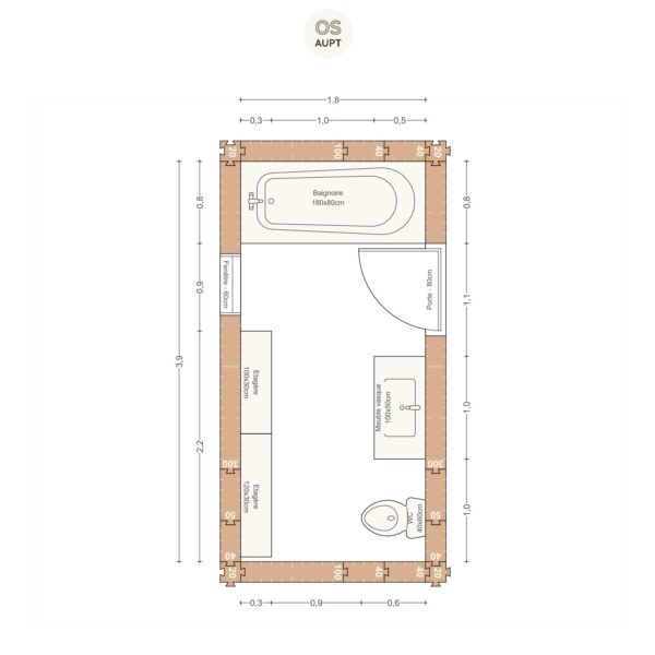 Plan salle de bain 7m2 avec baignoire 180cm et wc 1. 8 x 3. 9 m