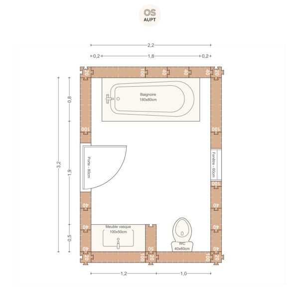 Plan salle de bain 7m2 avec baignoire 180cm et wc 2. 2 x 3. 2 m