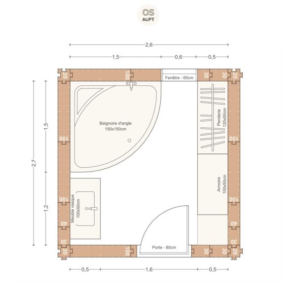 Plan salle de bain 7m2 avec baignoire en angle 150cm et penderie 2. 6 x 2. 7 m