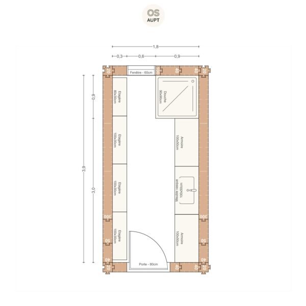 Plan salle de bain 7m2 avec douche 90cm en parallele 1. 8 x 3. 9 m