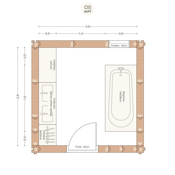 Plan salle de bain 8m2 avec baignoire 190cm 2. 8 x 2. 8 m