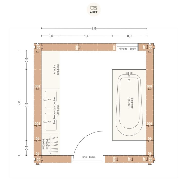 Plan salle de bain 8m2 avec baignoire 190cm 2. 8 x 2. 8 m
