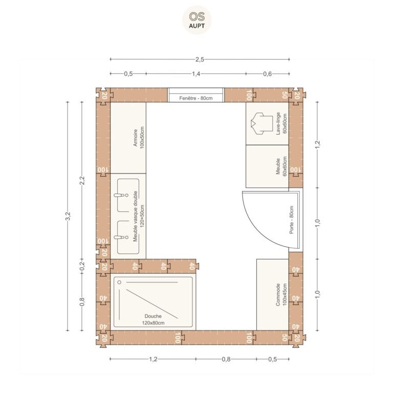 Plan salle de bain 8m2 avec douche 120cm et lave linge 2. 5 x 3. 2 m