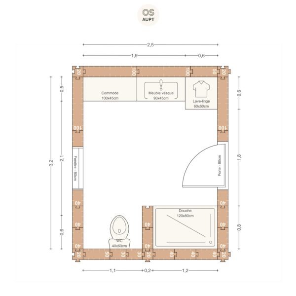 Plan salle de bain 8m2 avec douche 120cm wc et lave linge 2. 5 x 3. 2 m