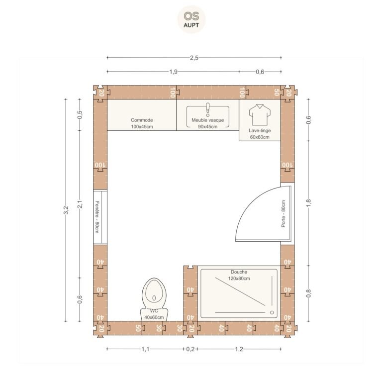 Plan salle de bain 8m2 avec douche 120cm wc et lave linge 2. 5 x 3. 2 m