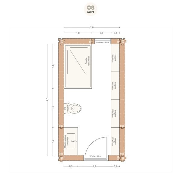 Plan salle de bain 8m2 avec douche 160cm et wc 2. 0 x 4. 0 m