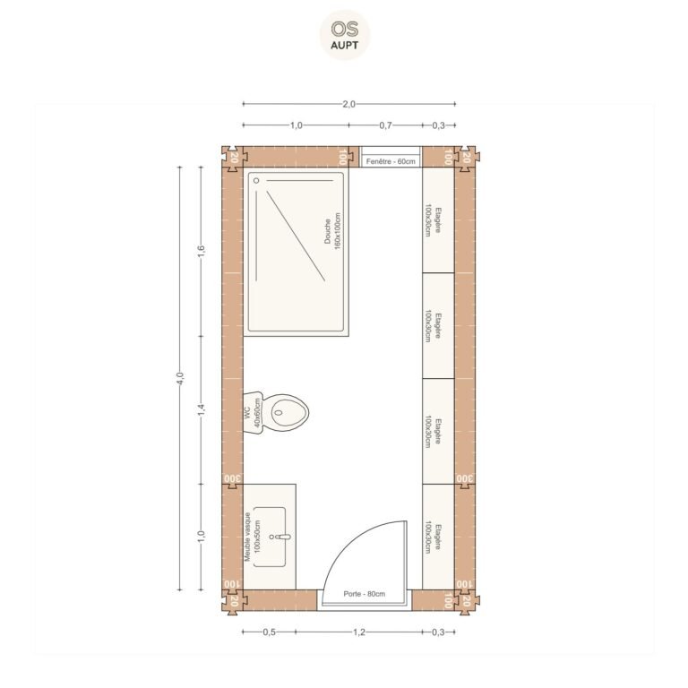 Plan salle de bain 8m2 avec douche 160cm et wc 2. 0 x 4. 0 m