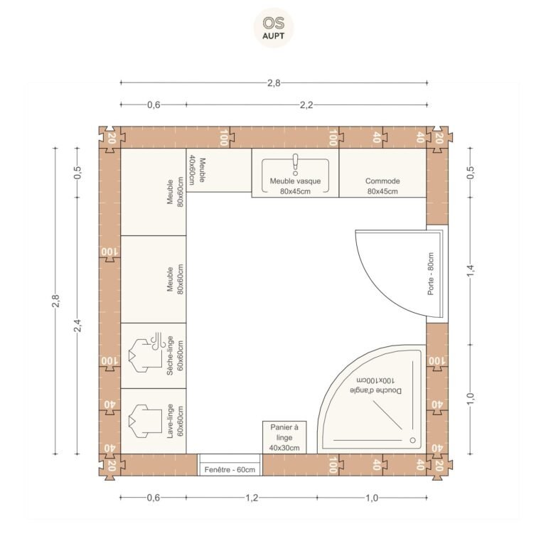 Plan salle de bain 8m2 avec douche en angle 100cm et espace buanderie 2. 8 x 2. 8 m