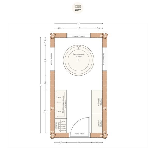 Plan salle de bain 8m2 zen avec baignoire ronde 130cm 2. 0 x 4. 0 m