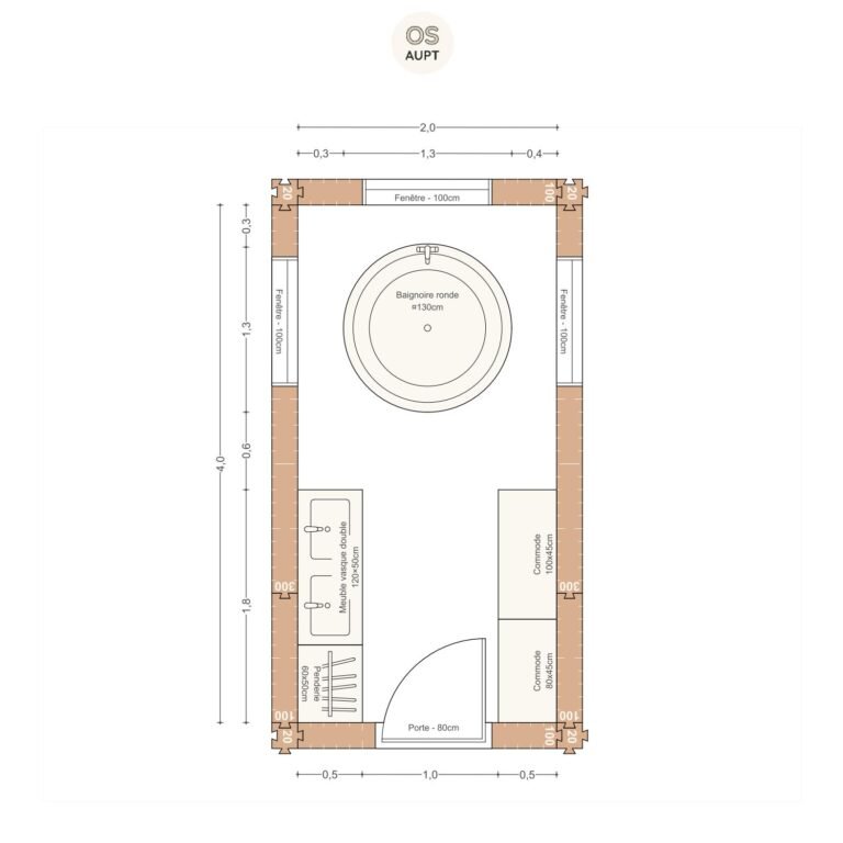 Plan salle de bain 8m2 zen avec baignoire ronde 130cm 2. 0 x 4. 0 m
