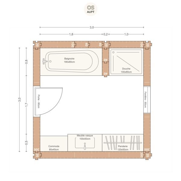 Plan salle de bain 9m2 avec baignoire 180cm douche 100cm et penderie 3. 0 x 3. 0 m