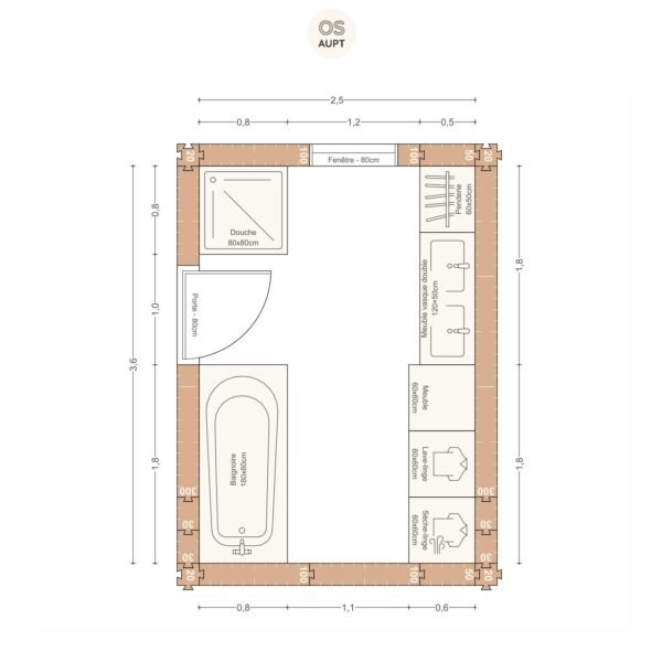 Plan salle de bain 9m2 avec baignoire 80cm douche 80cm et lave linge 2. 5 x 3. 6 m