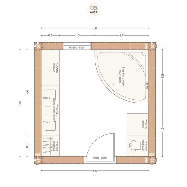 Plan salle de bain 9m2 avec baignoire en angle 150cm lave linge et penderie 3. 0 x 3. 0 m