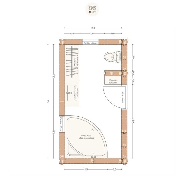 Plan salle de bain 9m2 avec baignoire en angle 150cm wc et penderie 2. 0 x 4. 0 m
