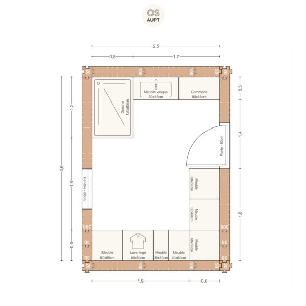 Plan salle de bain 9m2 avec douche 120cm et espace buanderie 2. 5 x 3. 6 m