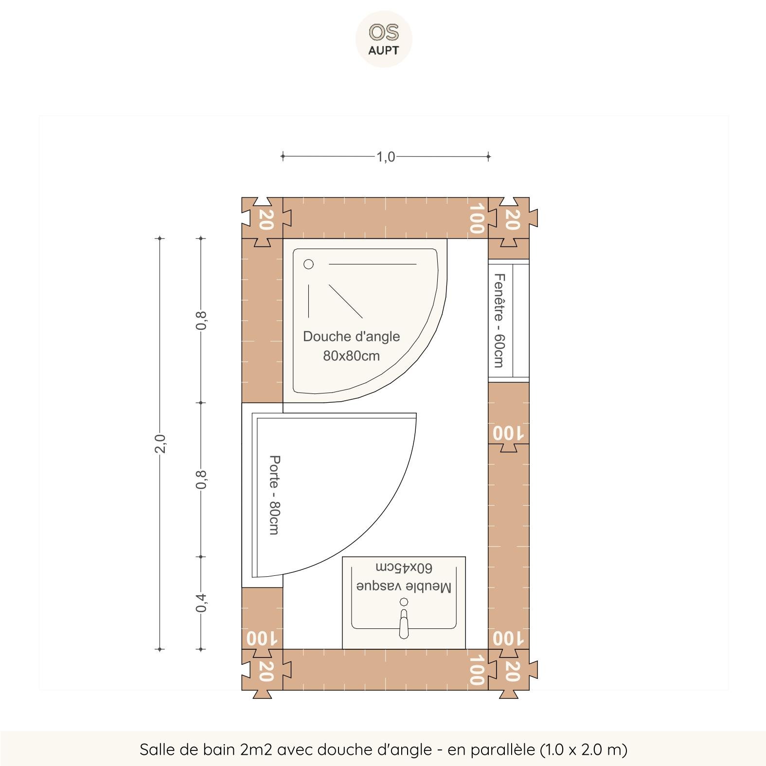 Salle de bain 2m2 avec douche angle - en parallèle (1.0 x 2.0 m)