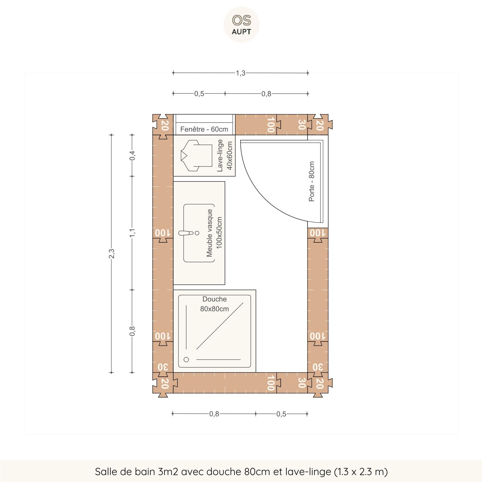 Salle de bain 3m2 avec douche 80cm et lave-linge (1.3 x 2.3 m)