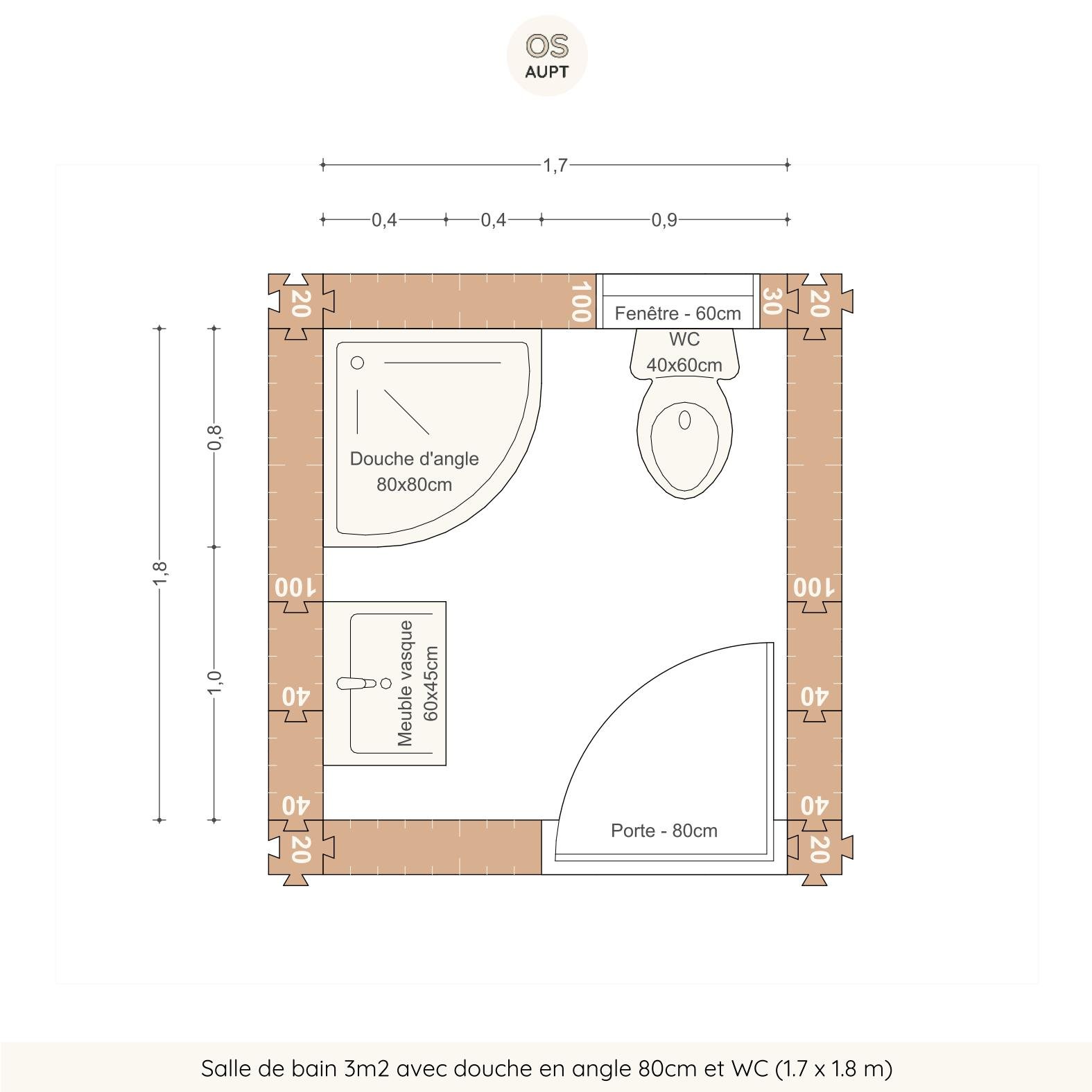 Salle de bain 3m2 avec douche en angle 80cm et WC (1.7 x 1.8 m)