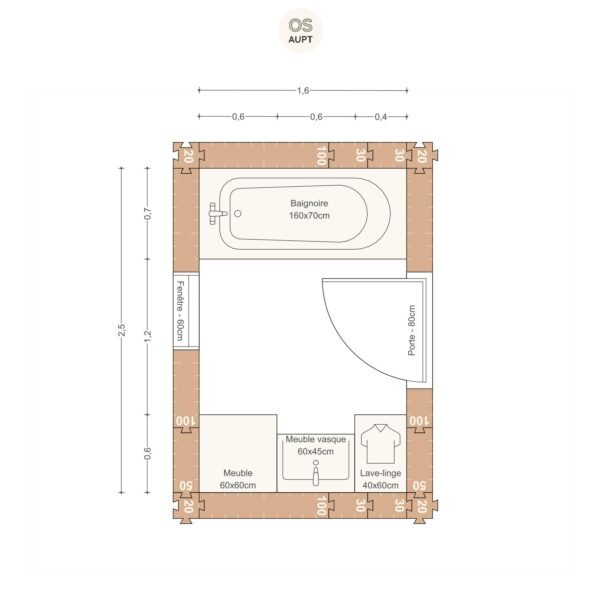 Salle de bain 4m2 avec baignoire 160cm et lave linge en parallele 1. 6 x 2. 5 m
