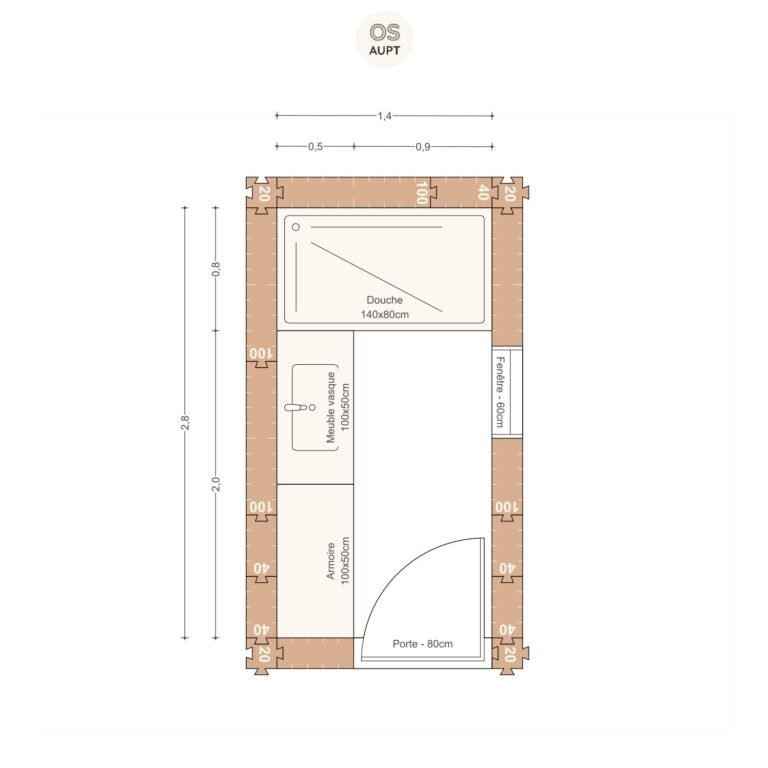 salle de bain 4m2 avec douche 140cm en l 1.4 x 2.8 m