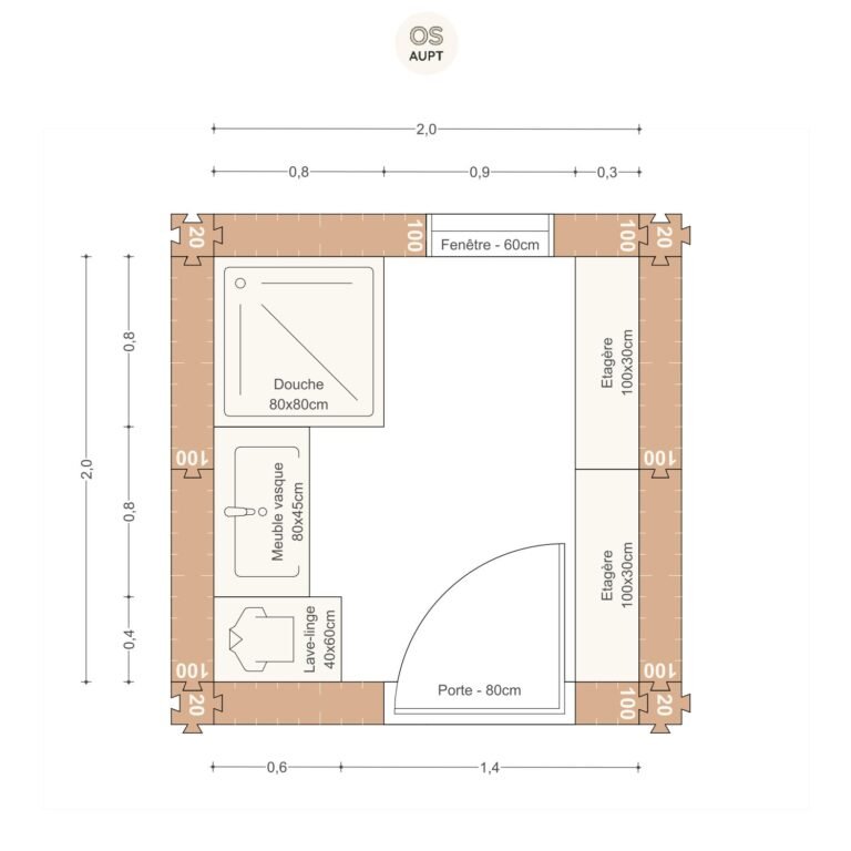 salle de bain 4m2 avec douche 80cm et lave linge 2.0 x 2.0 m