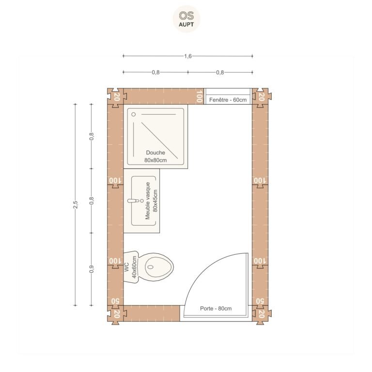 salle de bain 4m2 avec douche 80cm et wc 1.6 x 2.5 m