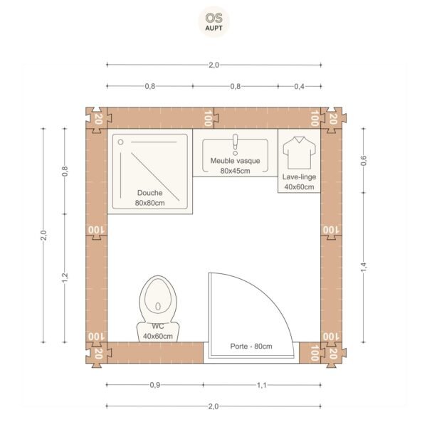 Salle de bain 4m2 avec douche 80cm wc et lave linge 2. 0 x 2. 0 m