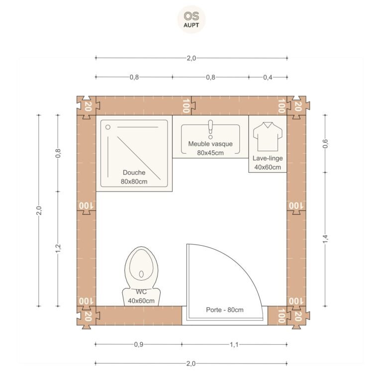 salle de bain 4m2 avec douche 80cm wc et lave linge 2.0 x 2.0 m