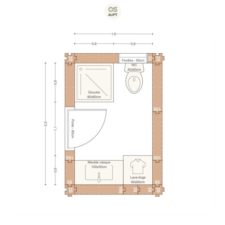 salle de bain 4m2 avec douche 80cm wc et lave linge en parallele 1.6 x 2.5 m 1