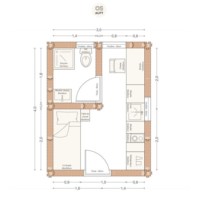 Plan studio 12m2 3. 0 x 4. 0 m